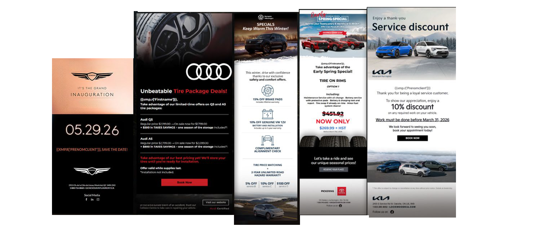 Exemples de campagnes courriels numériques (Genesis, Audi, VW, Toyota, Kia)